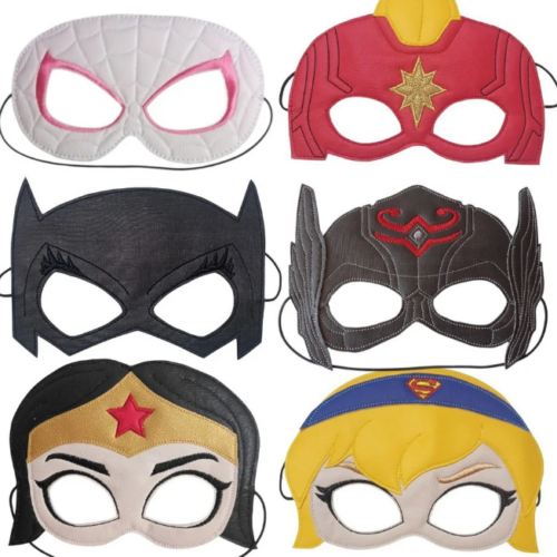 KIT DE MASCARAS DE COURO ECOLOGICO SUPER HEROINAS COM 6 PEÇAS